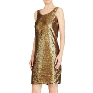 NWT Lauren Ralph Lauren Designer Glam Sequin Shift Dress Size 4 Gold Showgirl